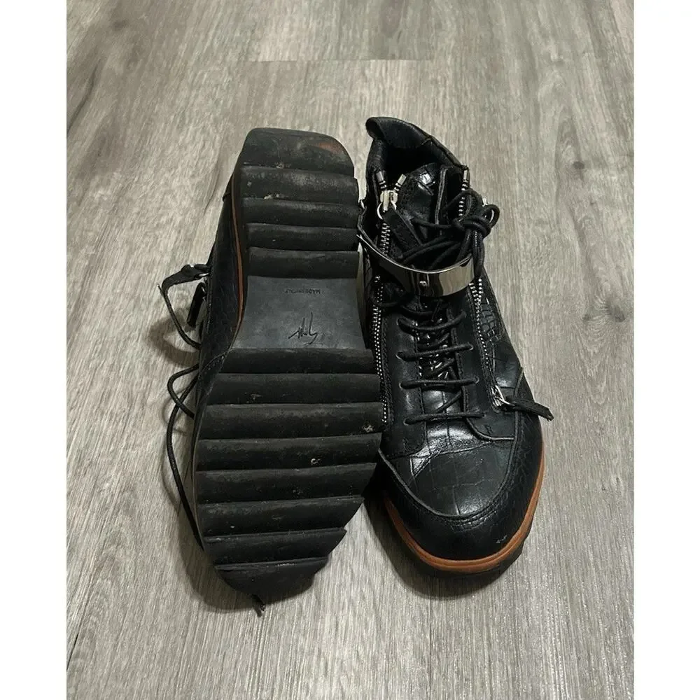 Giuseppe Zanotti Black Croc Embossed Leather High Top Sneakers Double Zip EU 39